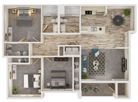 Floor plan for 3 beds, 2 baths, 1222 sqft